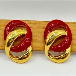 Vintage Signed Napier GoldTone Red Enamel Chain Link Clip On Screw Back Earrings